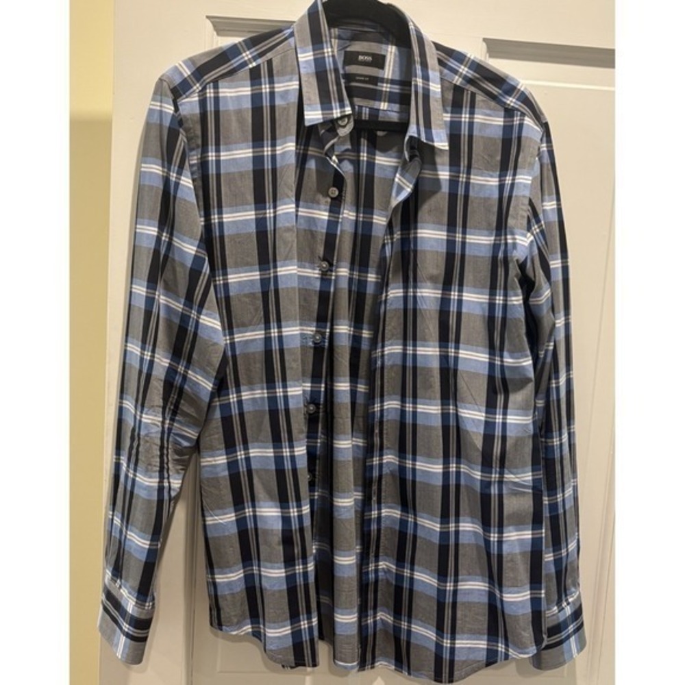Hugo Boss Shirt Mens Blue Grey Sharp Fit Plaid Button Size‎ Large Cotton Dress